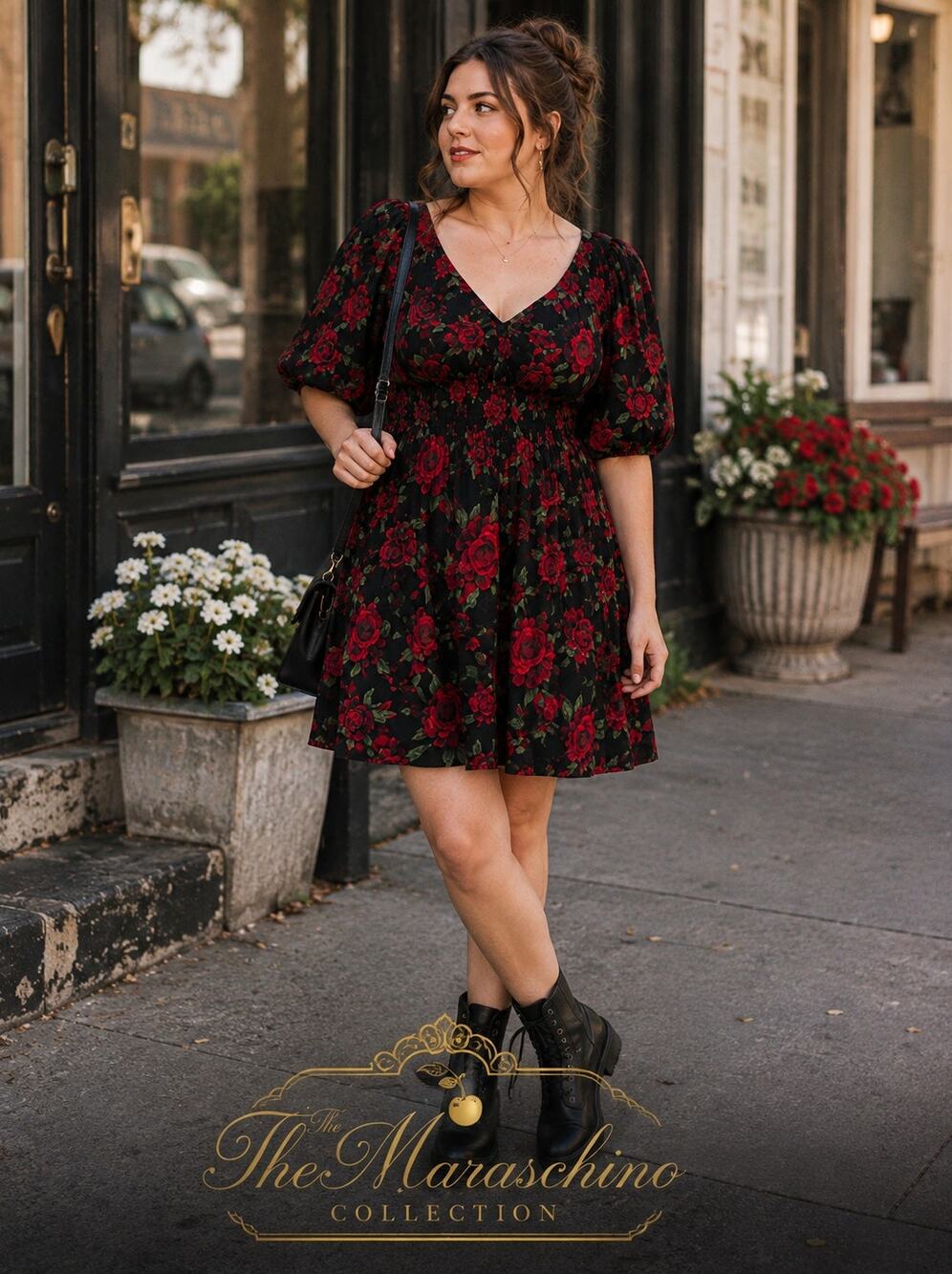 Old Navy Black Red Rose Floral Puff Sleeve Dress Plus 2X Romantic Gothic